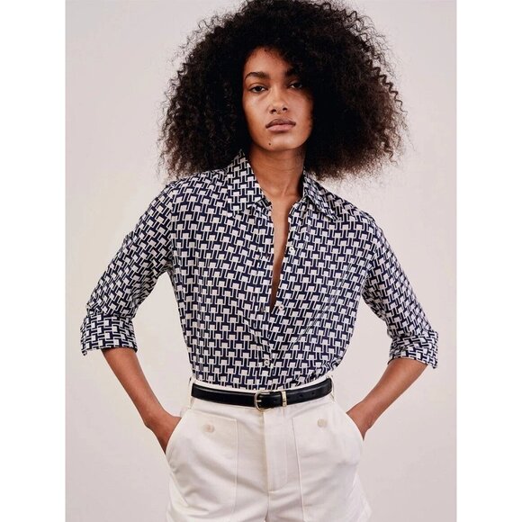 $477 Nili Lotan Kate Printed Cotton-voile Shirt Blouse Top XS - Picture 1 of 5
